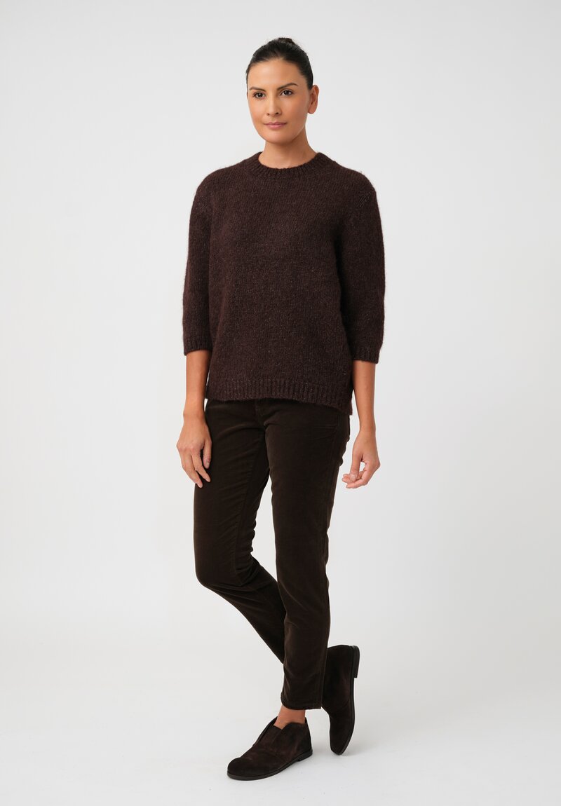 Lauren Manoogian Baby Alpaca Knit Blend Loft Ribbed Crewneck Sweater in Cacao Brown