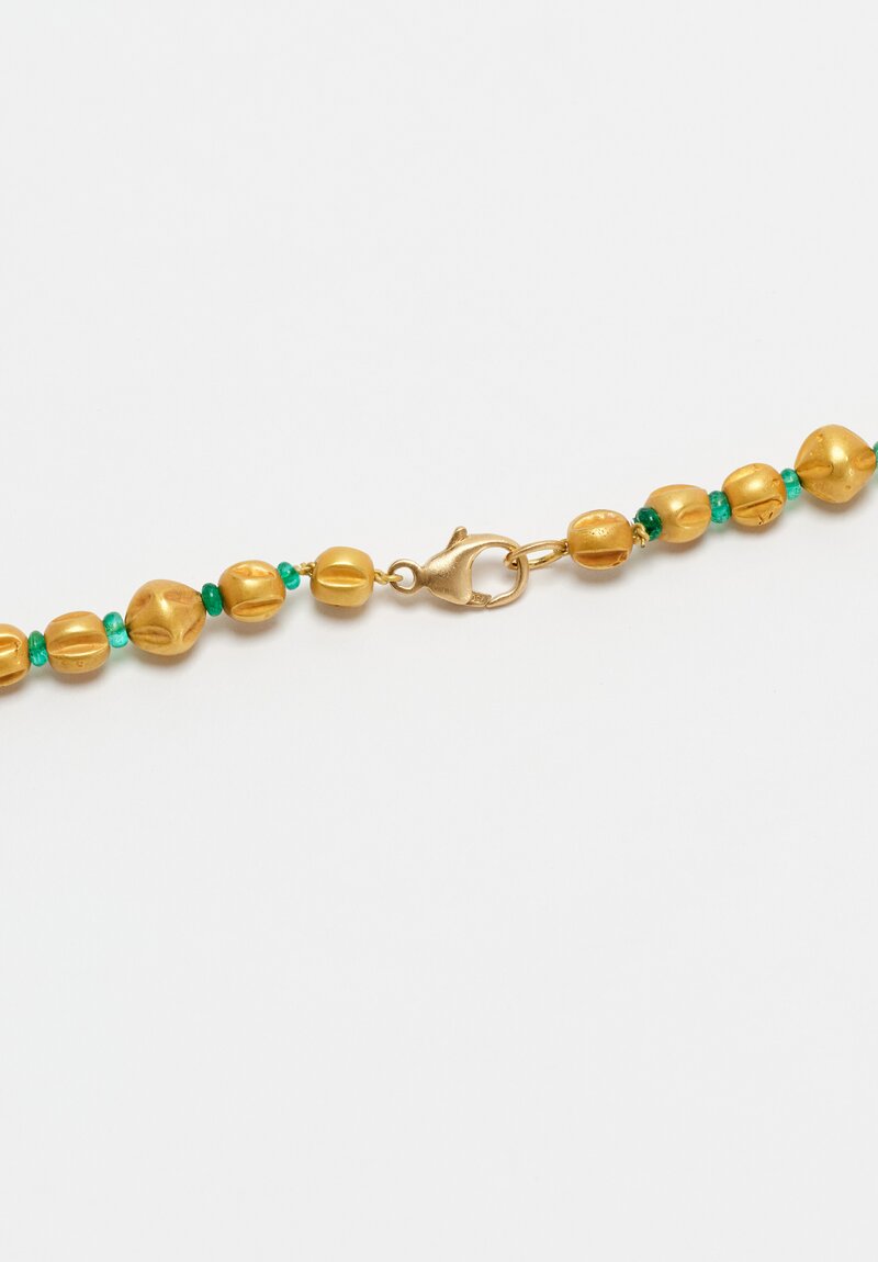 Greig Porter 18K Ridged & Star Cut Rounds & Emerald Rings Beaded Necklace 18.5"