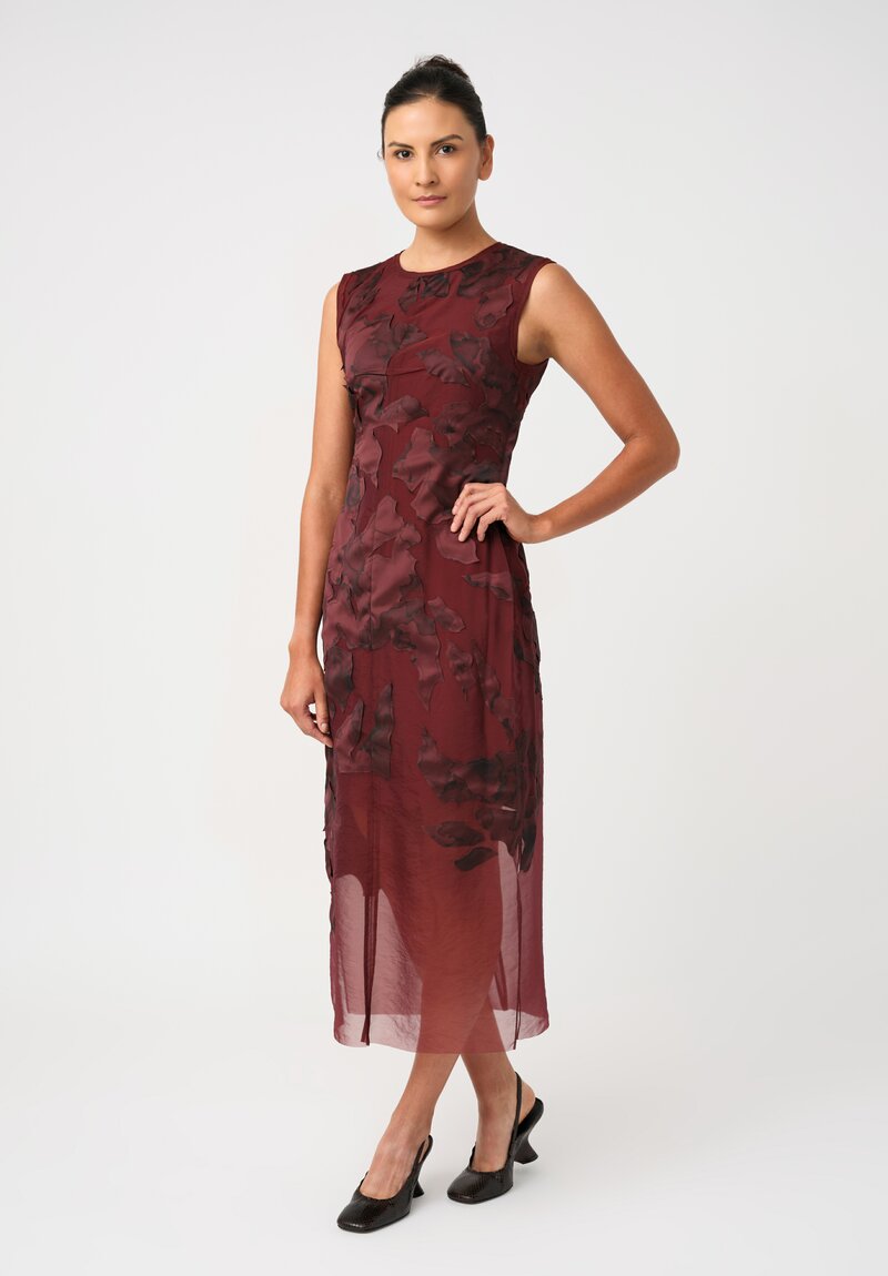 Jason Wu Textured Organza Appliqué Leaves Pattern Sheath Dress in Garnet Red