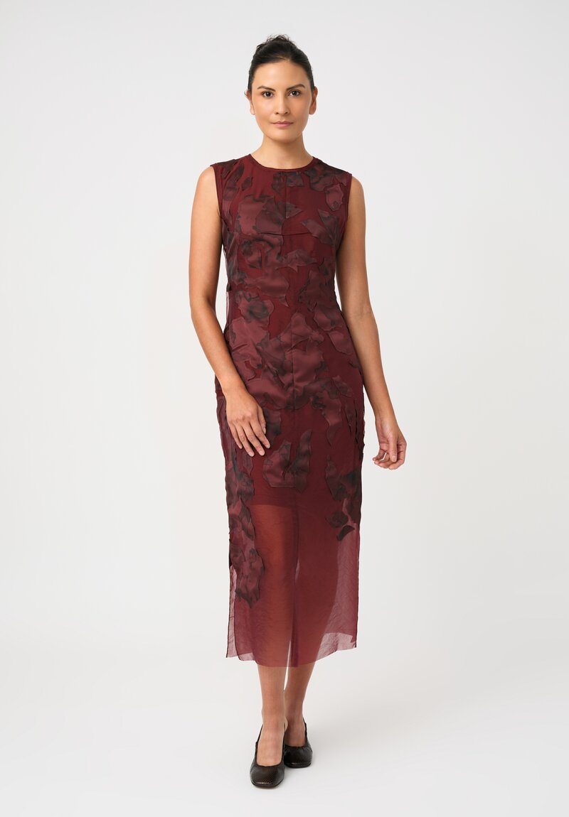 Jason Wu Textured Organza Appliqué Leaves Pattern Sheath Dress in Garnet Red
