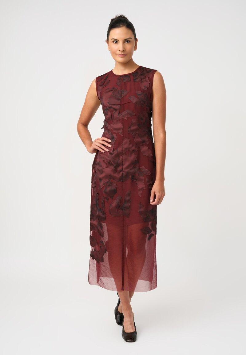 Jason Wu Textured Organza Appliqué Leaves Pattern Sheath Dress in Garnet Red