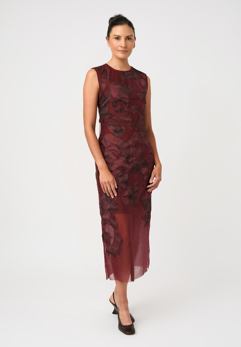 Jason Wu Textured Organza Appliqué Leaves Pattern Sheath Dress in Garnet Red