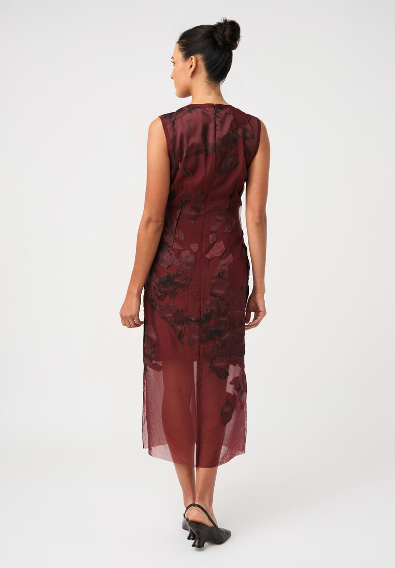 Jason Wu Textured Organza Appliqué Leaves Pattern Sheath Dress in Garnet Red