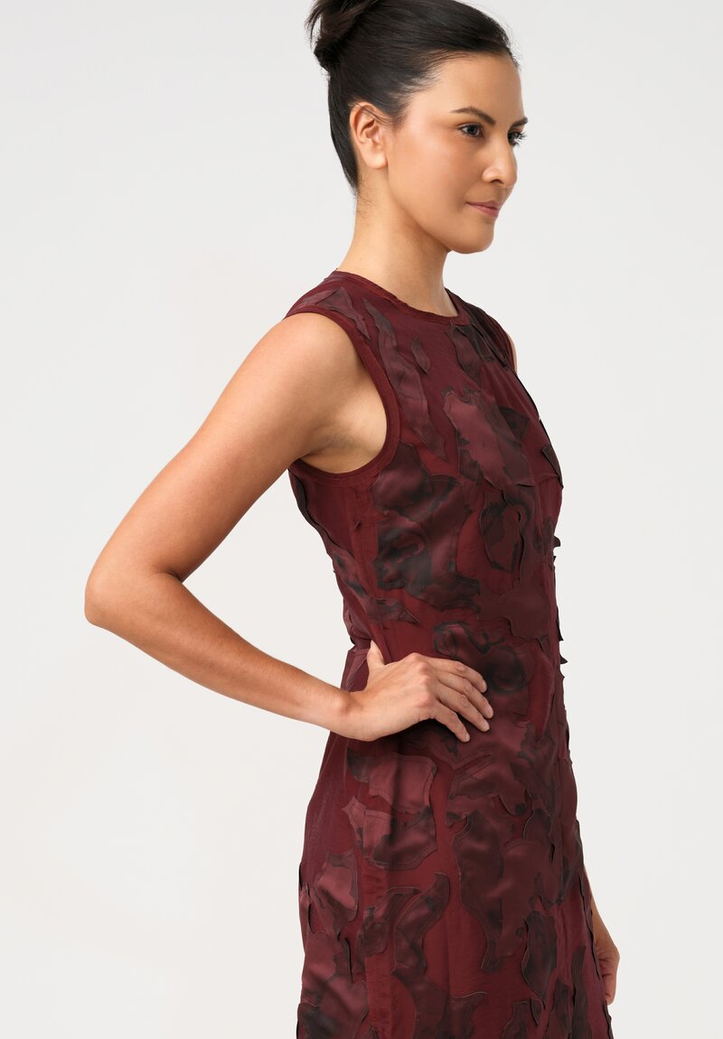Jason Wu Textured Organza Appliqué Leaves Pattern Sheath Dress in Garnet Red