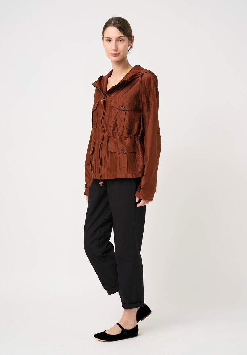 Christian Peau Washed Silk Zip-Up Hooded Jacket in Terracotta Brown