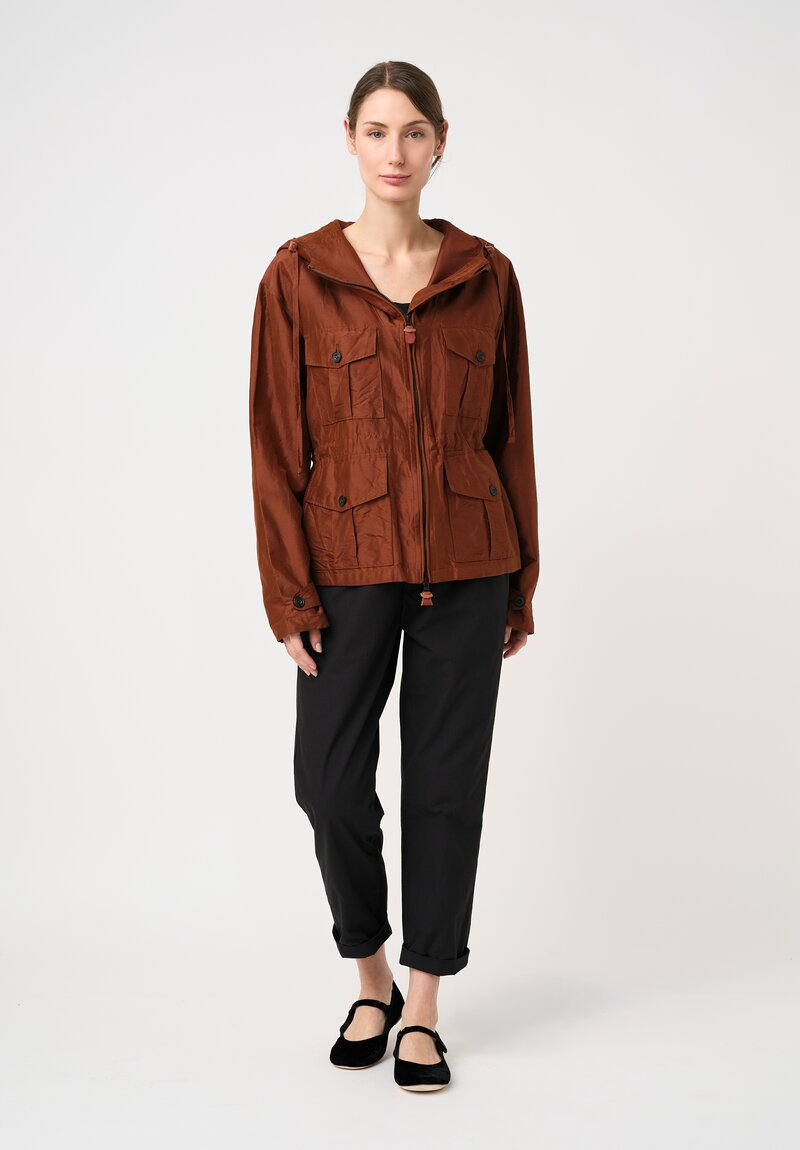 Christian Peau Washed Silk Zip-Up Hooded Jacket in Terracotta Brown