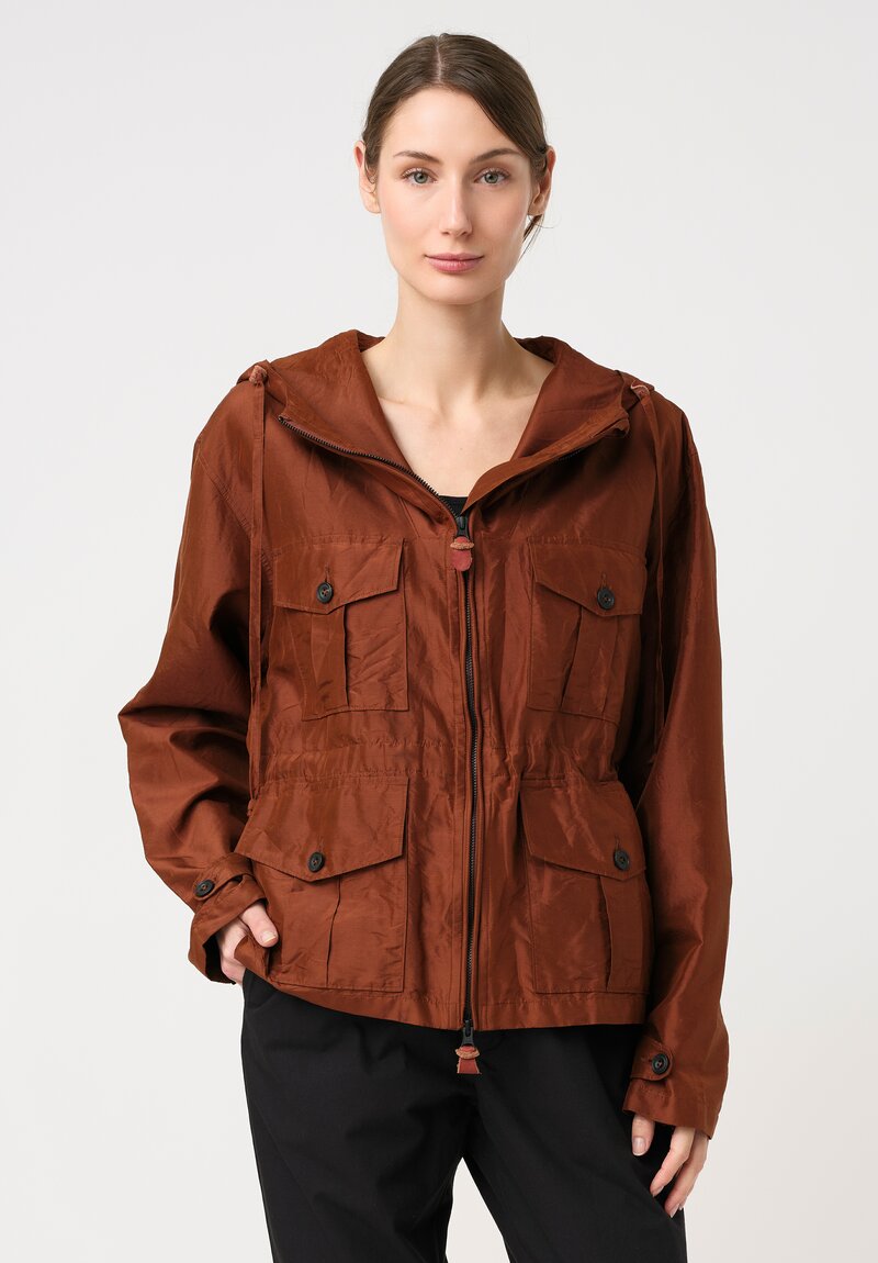 Christian Peau Washed Silk Zip-Up Hooded Jacket in Terracotta Brown