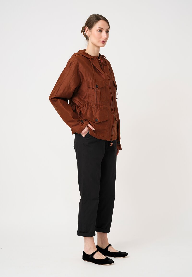 Christian Peau Washed Silk Zip-Up Hooded Jacket in Terracotta Brown