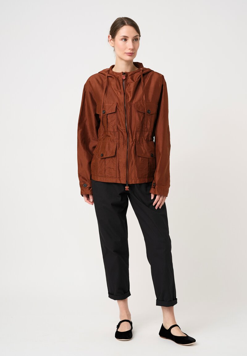 Christian Peau Washed Silk Zip-Up Hooded Jacket in Terracotta Brown