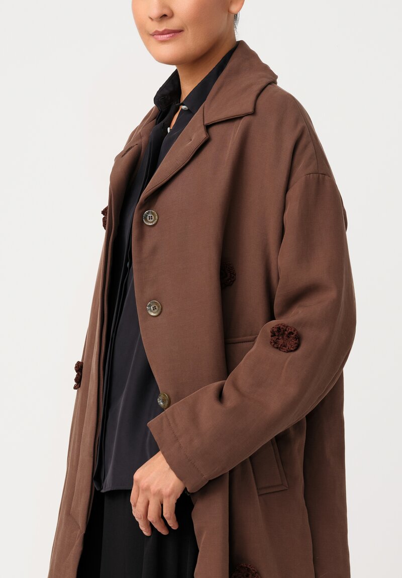 Song for the Mute Oversized Coat with Flower Crochet Embellished Pattern in Brown