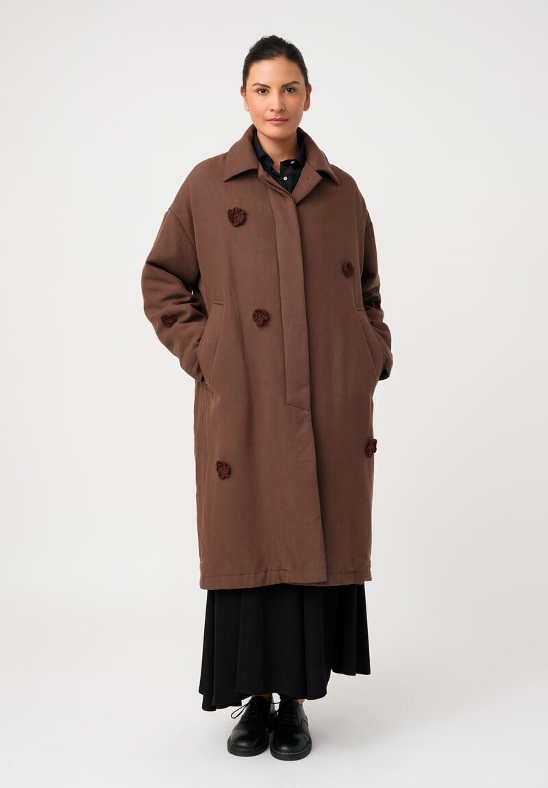 Song for the Mute Oversized Coat with Flower Crochet Embellished Pattern in Brown