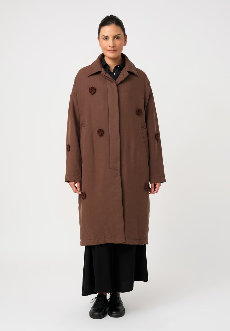 Song for the Mute Oversized Coat with Flower Crochet Embellished Pattern in Brown