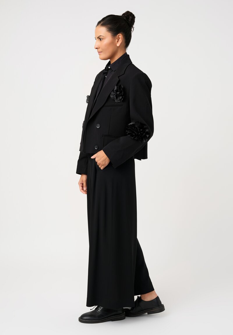 Song for the Mute Cropped Blazer with Rosette Flower Appliqué Embellished Pattern in Raw Edge Hemline in Black