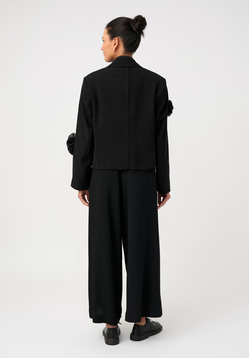 Song for the Mute Cropped Blazer with Rosette Flower Appliqué Embellished Pattern in Raw Edge Hemline in Black