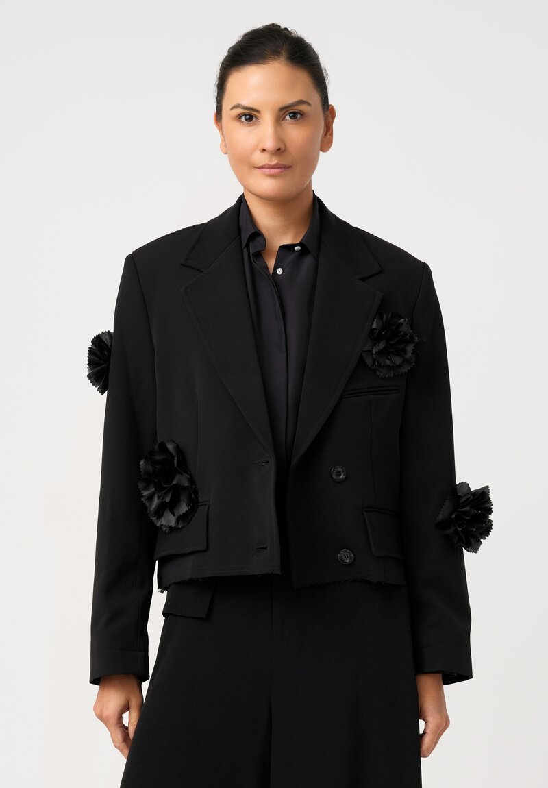 Song for the Mute Cropped Blazer with Rosette Flower Appliqué Embellished Pattern in Raw Edge Hemline in Black