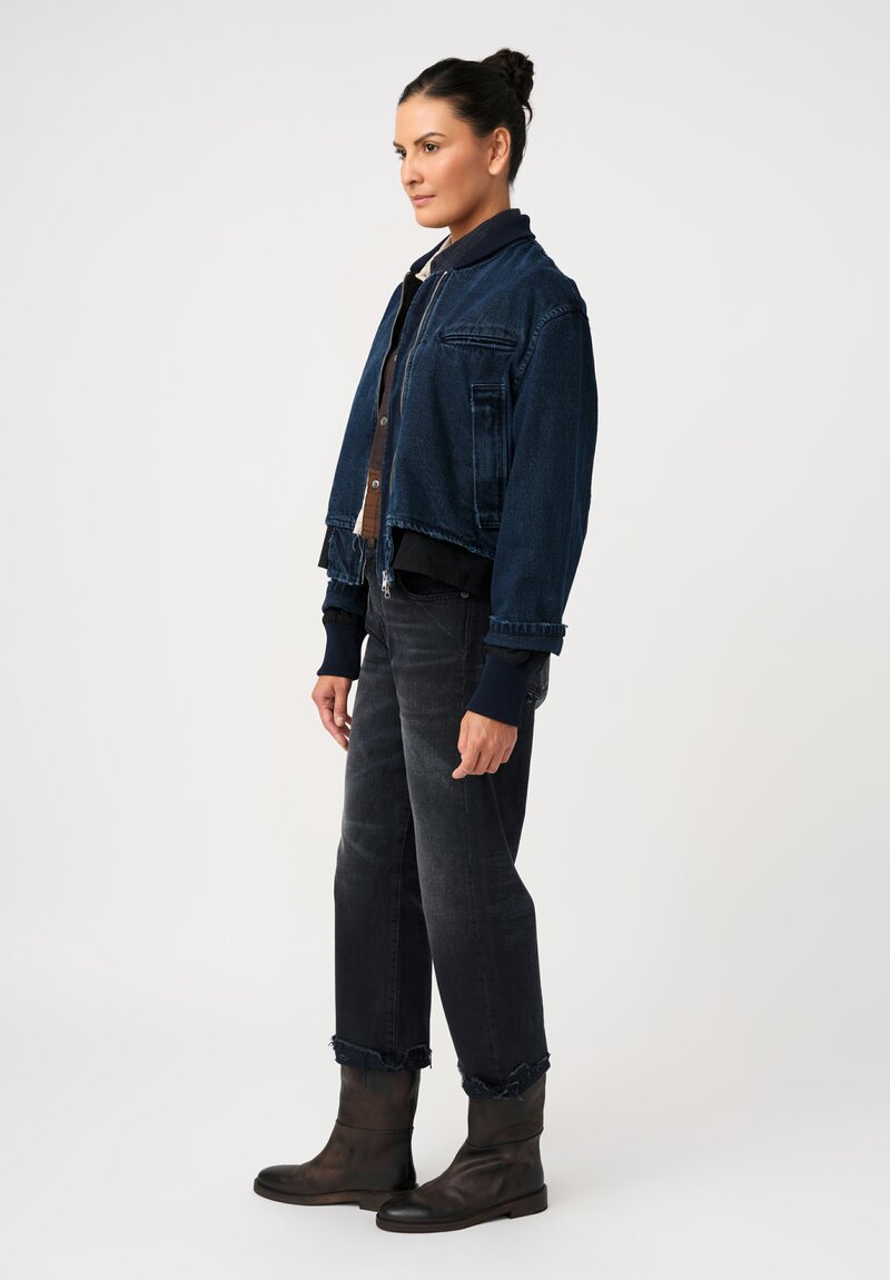 Song for the Mute Cotton Denim Deconstructed Bomber Jacket in Prussian Indigo Blue