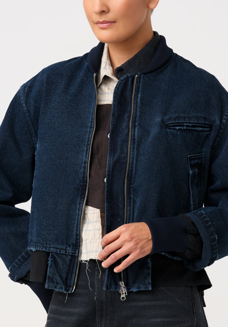 Song for the Mute Cotton Denim Deconstructed Bomber Jacket in Prussian Indigo Blue