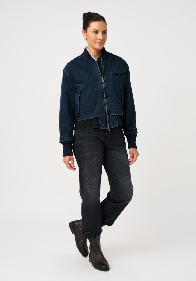 Song for the Mute Cotton Denim Deconstructed Bomber Jacket in Prussian Indigo Blue