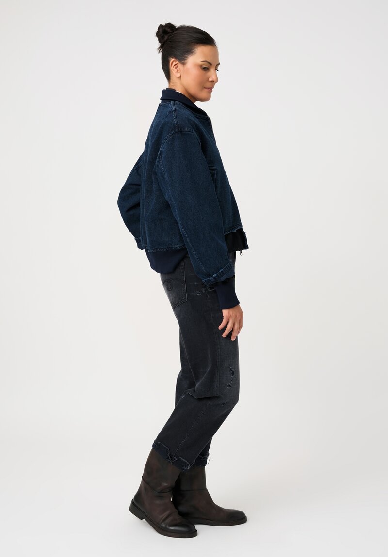 Song for the Mute Cotton Denim Deconstructed Bomber Jacket in Prussian Indigo Blue