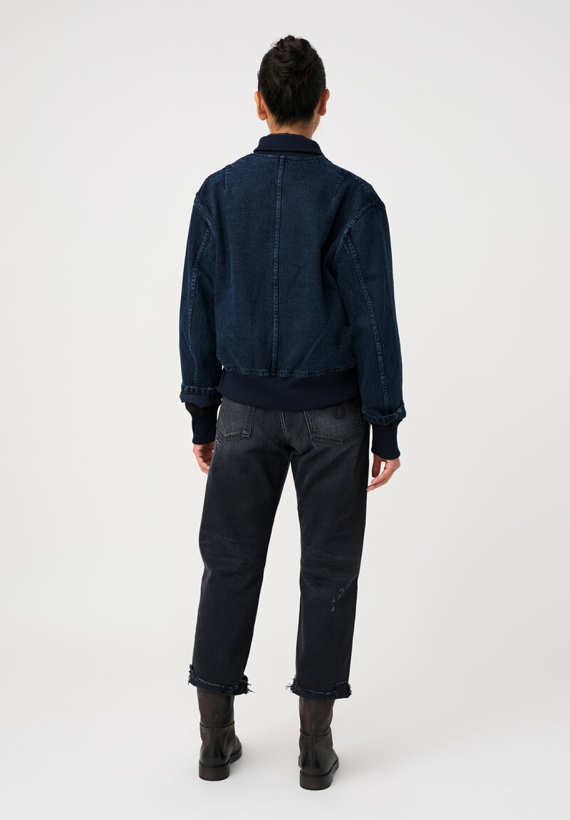 Song for the Mute Cotton Denim Deconstructed Bomber Jacket in Prussian Indigo Blue