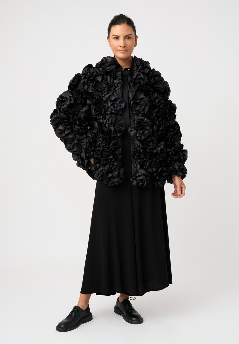 Song for the Mute Rosette Flower Appliqué & Sheer Tulle Shirt Jacket in Black