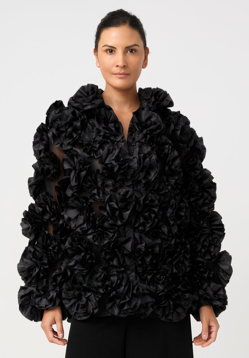 Song for the Mute Rosette Flower Appliqué & Sheer Tulle Shirt Jacket in Black