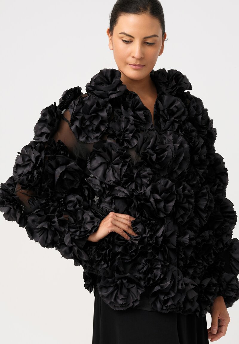 Song for the Mute Rosette Flower Appliqué & Sheer Tulle Shirt Jacket in Black