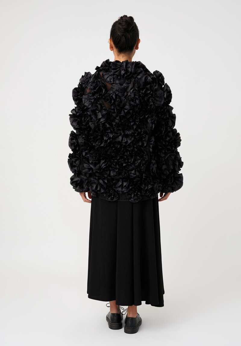 Song for the Mute Rosette Flower Appliqué & Sheer Tulle Shirt Jacket in Black