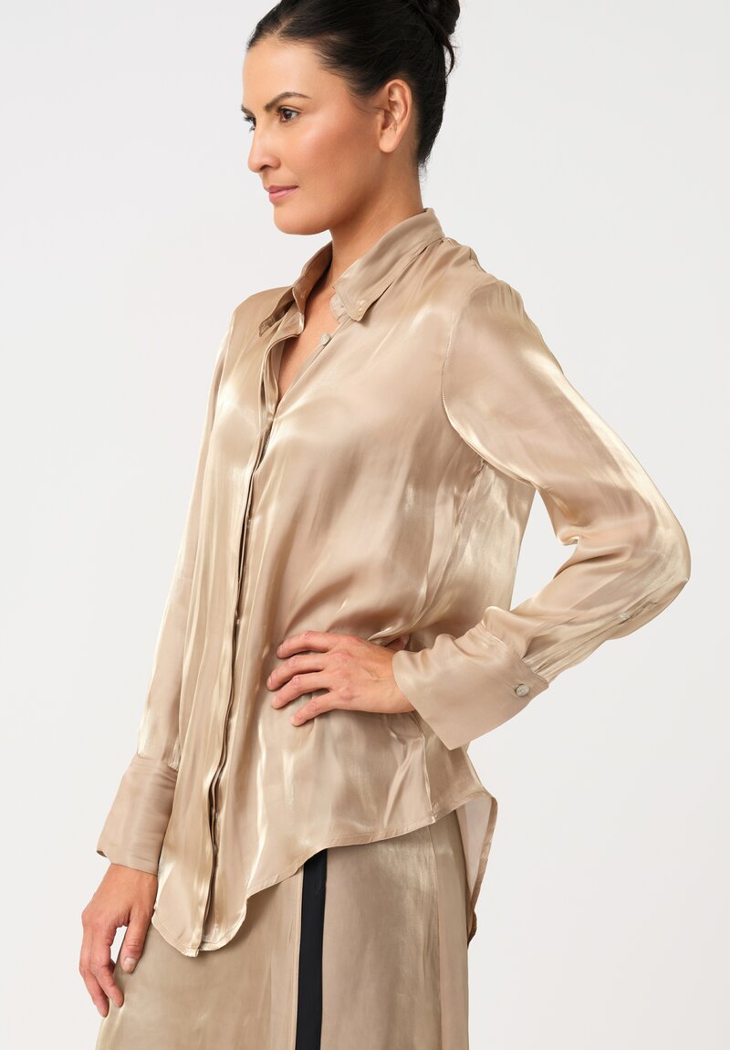 Song For The Mute Iridescent Concealed Button-Down Top in Champagne Gold