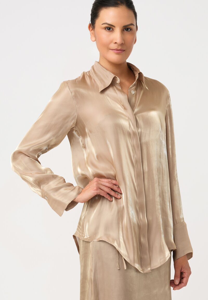 Song For The Mute Iridescent Concealed Button-Down Top in Champagne Gold