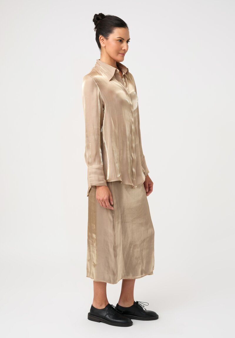Song For The Mute Iridescent Concealed Button-Down Top in Champagne Gold