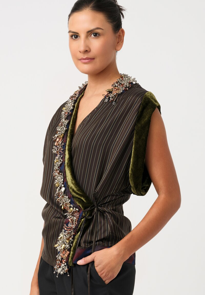 Dries Van Noten Chrome Embellished Clematia Wrap Top in Olive, Navy & Umber Brown Stripes