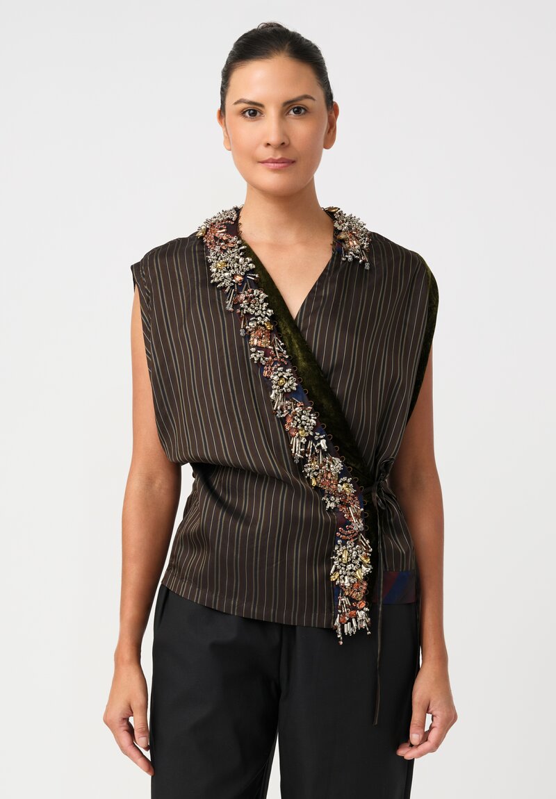 Dries Van Noten Chrome Embellished Clematia Wrap Top in Olive, Navy & Umber Brown Stripes