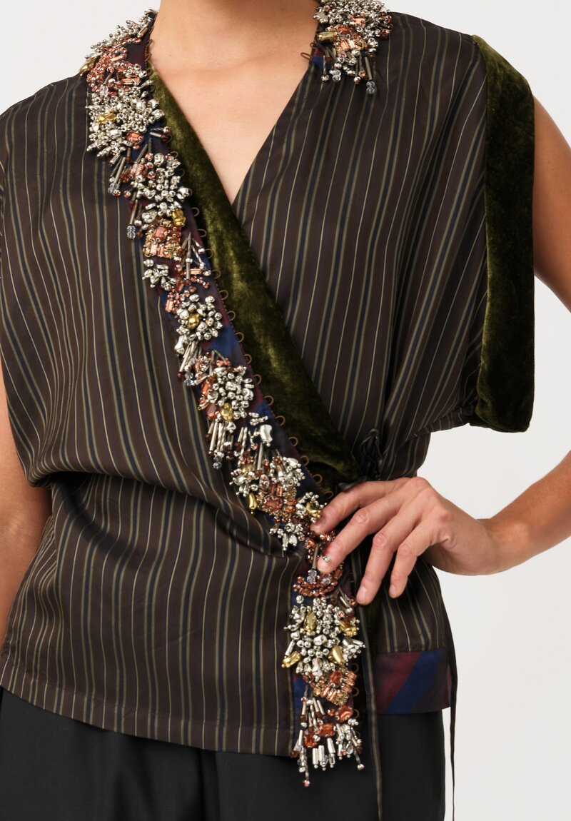 Dries Van Noten Chrome Embellished Clematia Wrap Top in Olive, Navy & Umber Brown Stripes