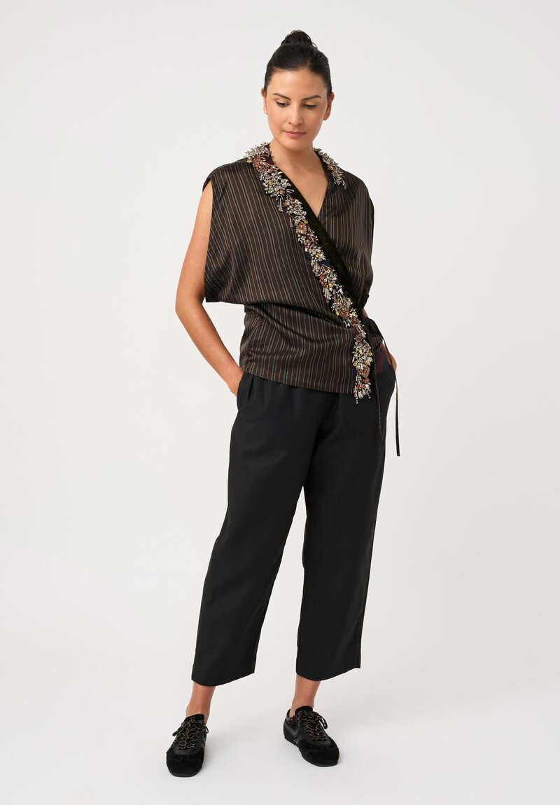 Dries Van Noten Chrome Embellished Clematia Wrap Top in Olive, Navy & Umber Brown Stripes