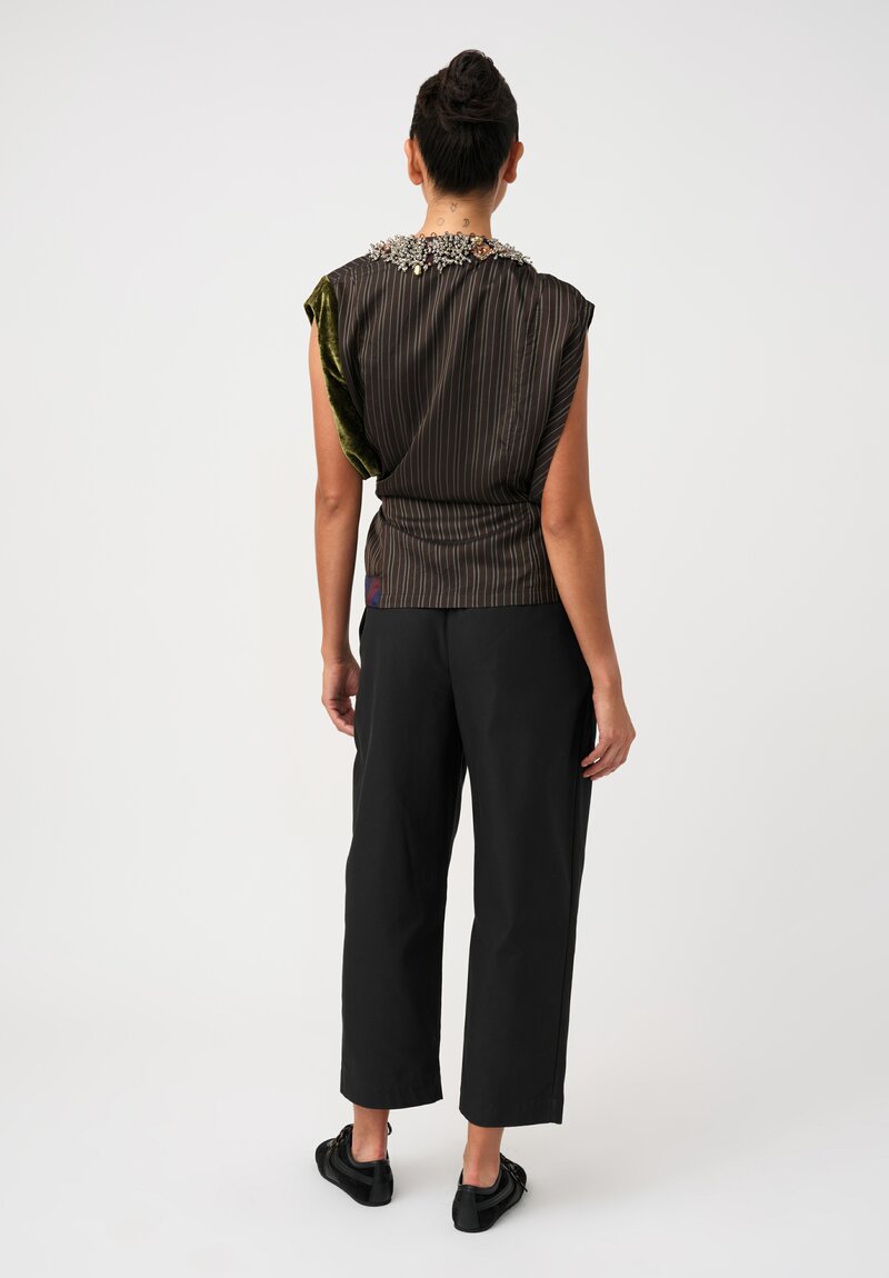 Dries Van Noten Chrome Embellished Clematia Wrap Top in Olive, Navy & Umber Brown Stripes