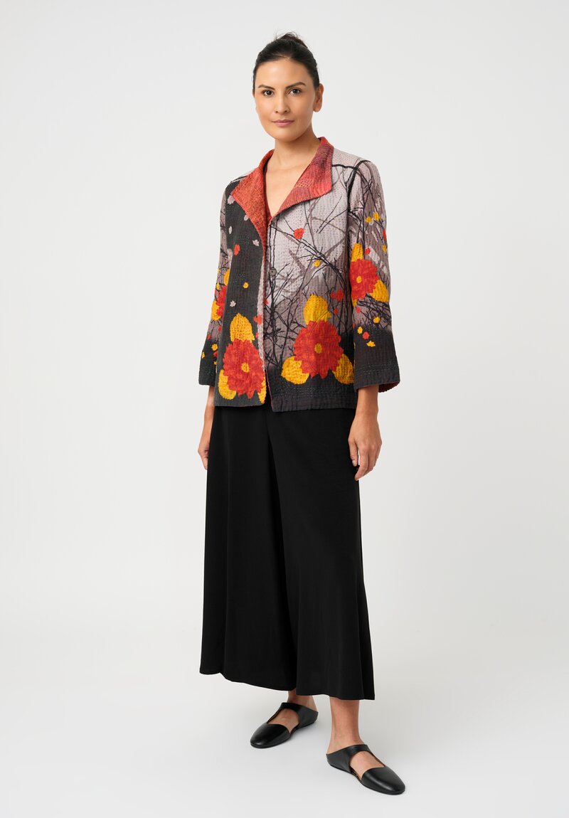 Mieko Mintz Reversible Vintage Cotton Kantha Button-Down Jacket in Black Botanics and Mauve & Coral Glow