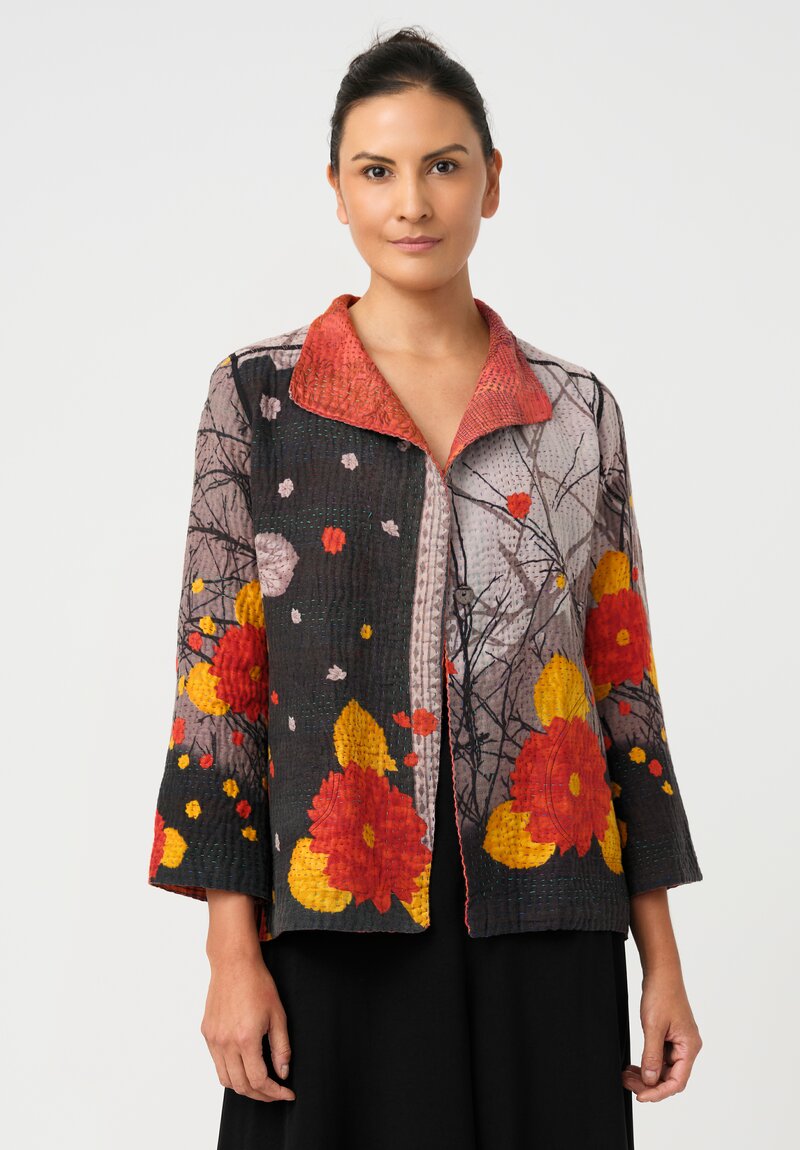 Mieko Mintz Reversible Vintage Cotton Kantha Button-Down Jacket in Black Botanics and Mauve & Coral Glow