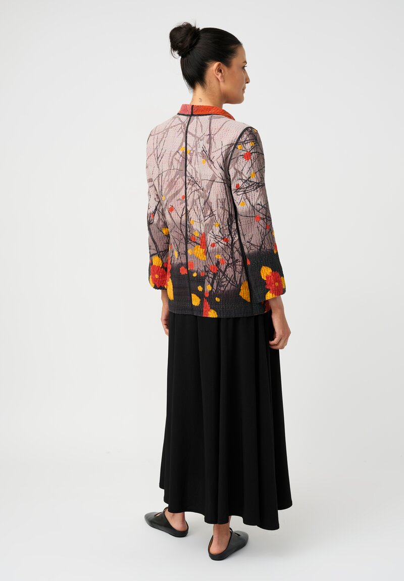 Mieko Mintz Reversible Vintage Cotton Kantha Button-Down Jacket in Black Botanics and Mauve & Coral Glow