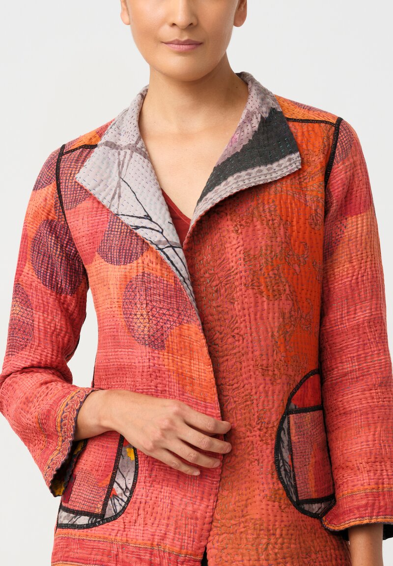 Mieko Mintz Reversible Vintage Cotton Kantha Button-Down Jacket in Black Botanics and Mauve & Coral Glow