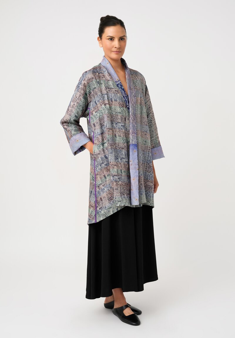 Mieko Mintz Vintage Silk Kantha Kimono Coat in Celestial Blue Paisley and Reversible Electric Blue Gradient