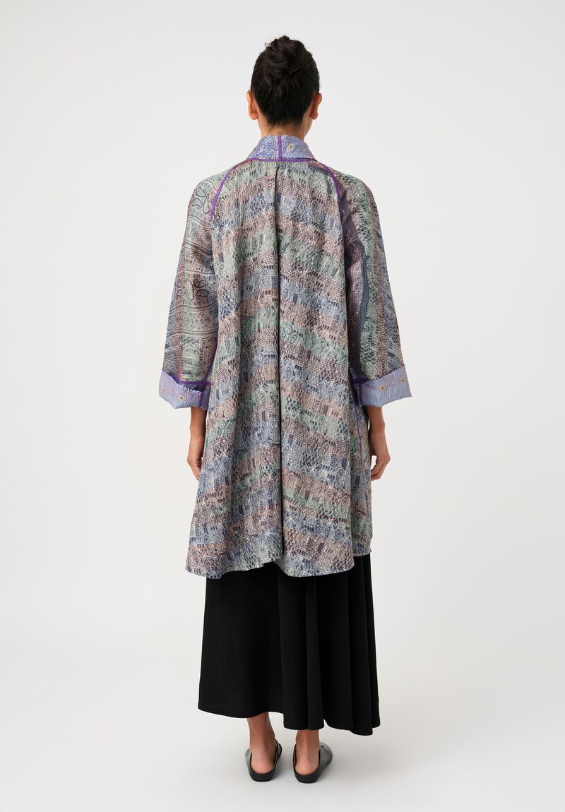 Mieko Mintz Vintage Silk Kantha Kimono Coat in Celestial Blue Paisley and Reversible Electric Blue Gradient