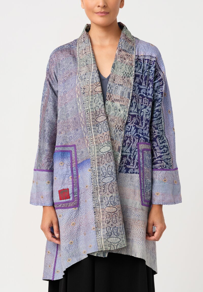 Mieko Mintz Vintage Silk Kantha Kimono Coat in Celestial Blue Paisley and Reversible Electric Blue Gradient