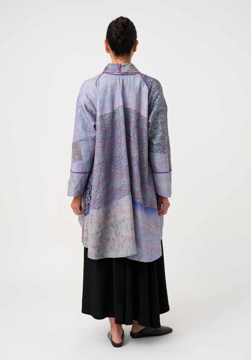 Mieko Mintz Vintage Silk Kantha Kimono Coat in Celestial Blue Paisley and Reversible Electric Blue Gradient