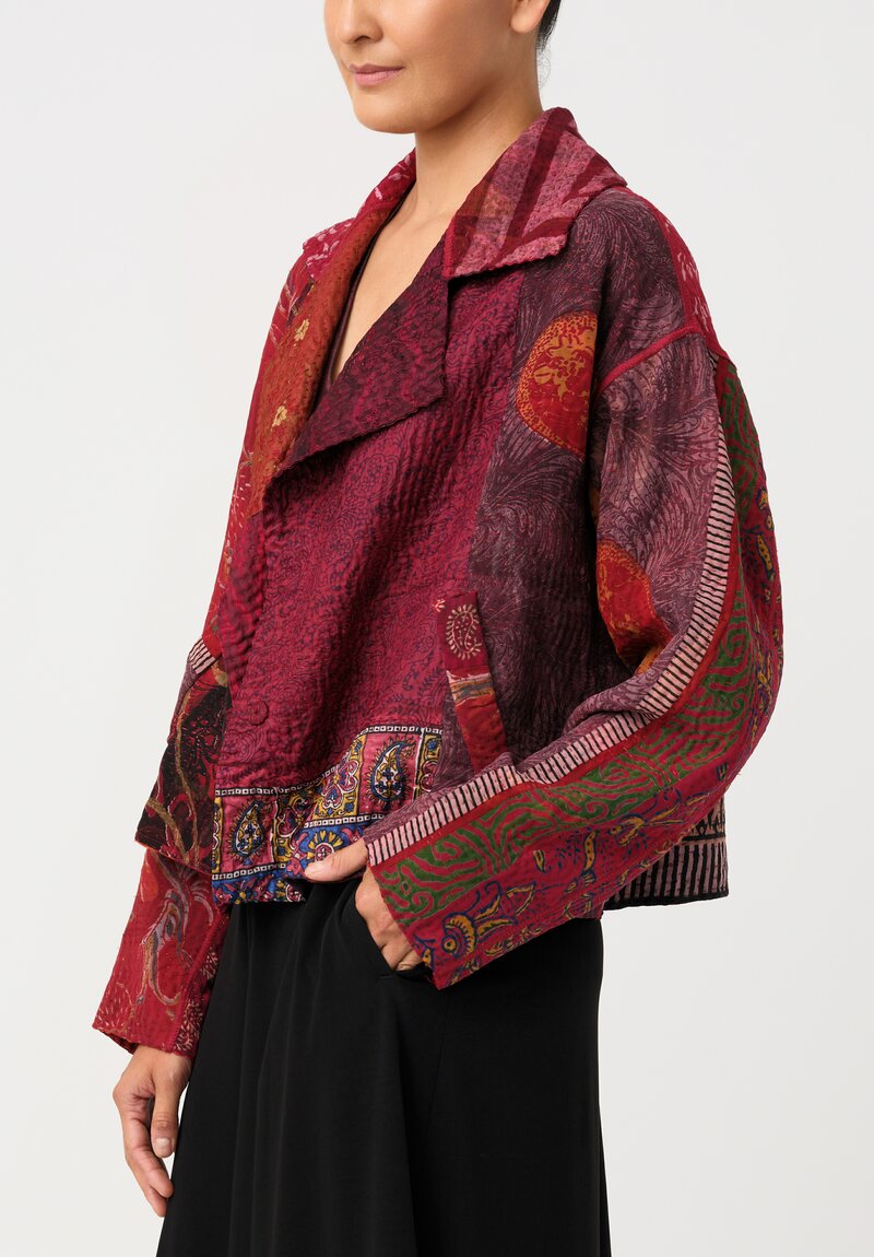 Mieko Mintz Vintage Silk Kantha Notch Lapel Jacket in Red & Maroon