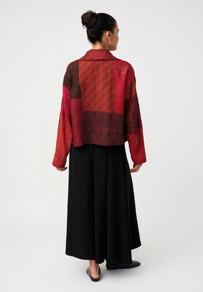 Mieko Mintz Vintage Silk Kantha Notch Lapel Jacket in Red & Maroon