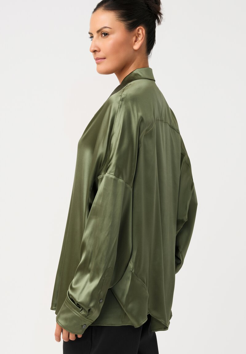 Dries Van Noten Silk Button-Down Casia Top in Moss Green Dew