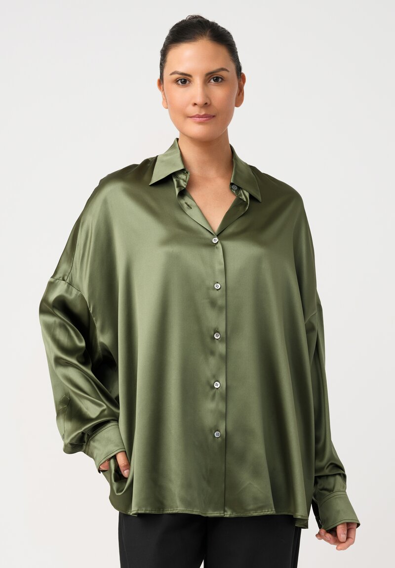 Dries Van Noten Silk Button-Down Casia Top in Moss Green Dew