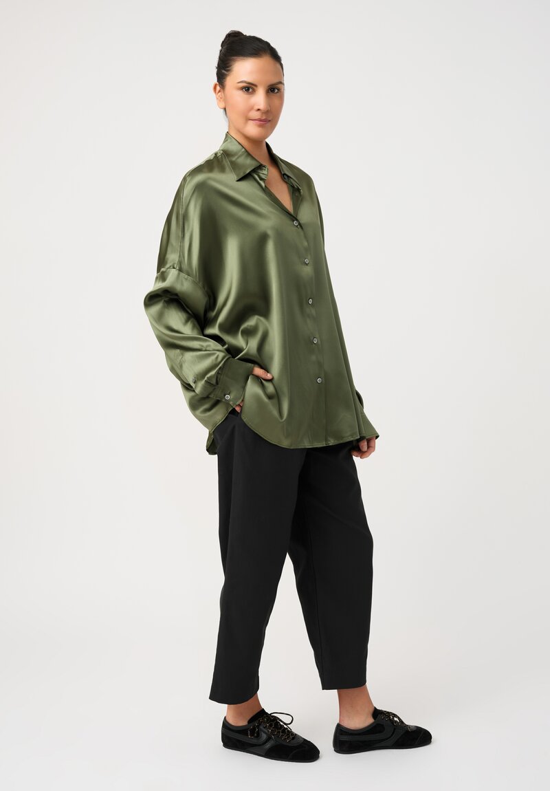 Dries Van Noten Silk Button-Down Casia Top in Moss Green Dew