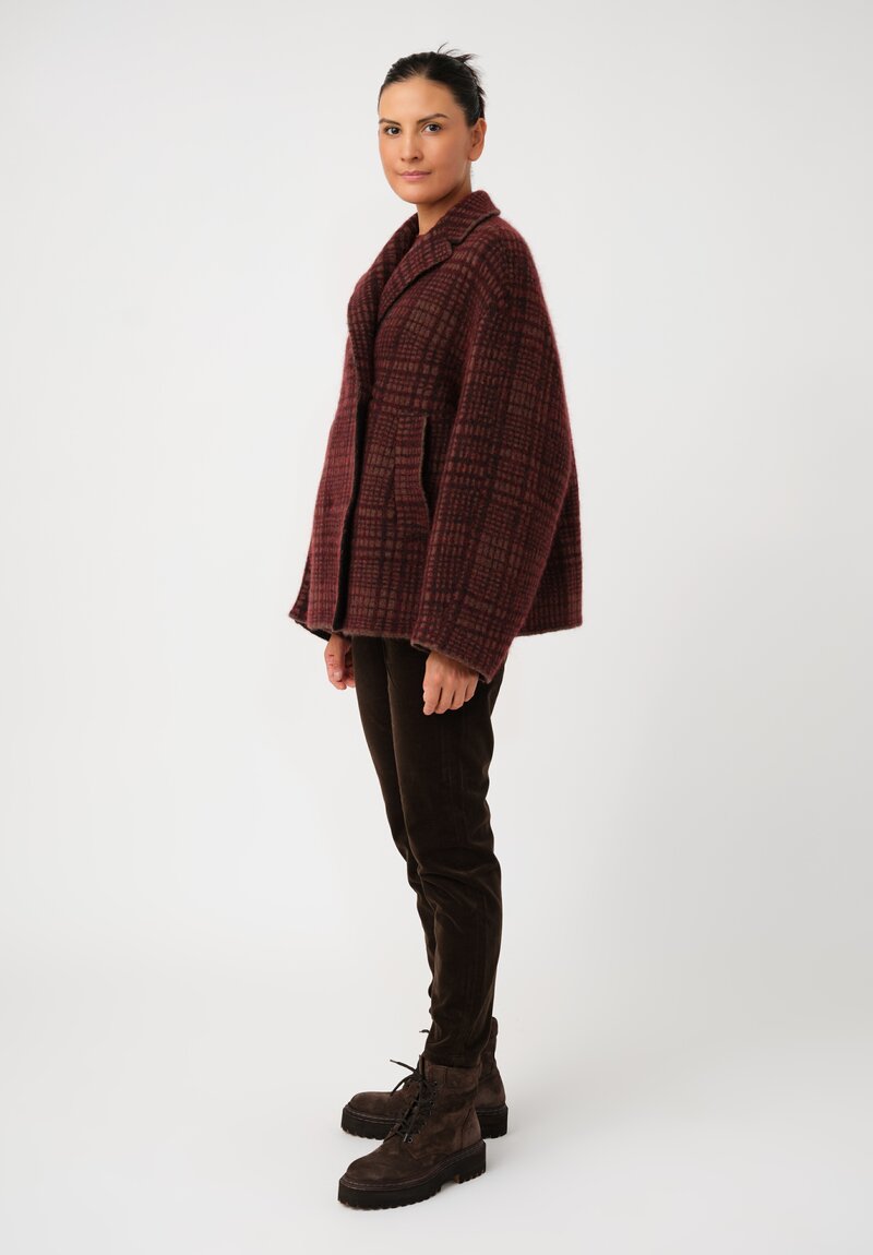 Boboutic Thermal Yak & Mohair Double-Breasted Jacket in Wine Red Plaid